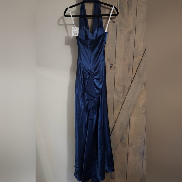 DAVIDS BRIDAL Charmeuse Chiffon Illusion Halter Dress in Blue. Size 2 NWT - Picture 7 of 15